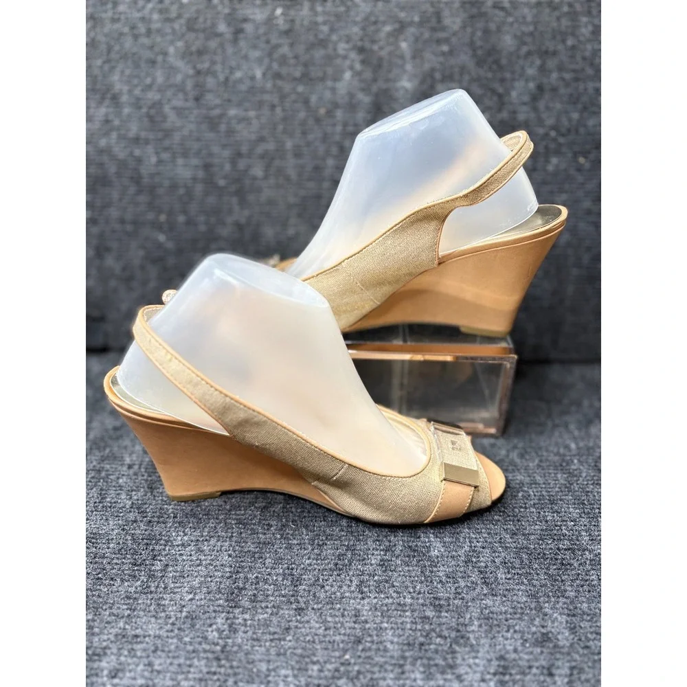 Tommy Hilfiger Veroniqu Tan Linen Peep Toe Slingback Wedge Sandals Womens 9.5M